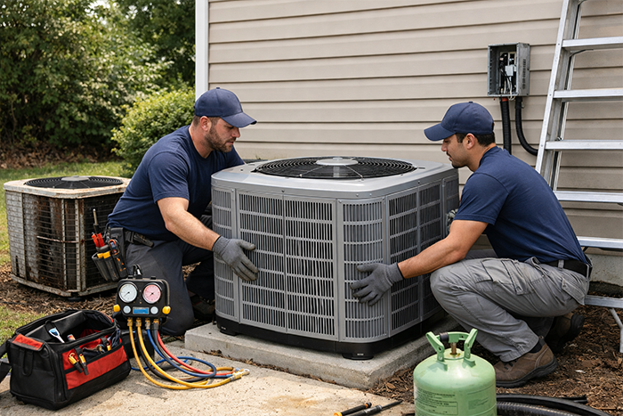 AC installation and replacement with professional technicians installing a new outdoor unit