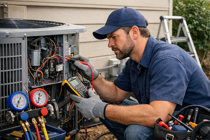 HVAC technician repairing residential air conditioning unit with tools