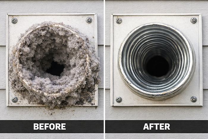 Before and after dryer vent cleaning showing clogged lint buildup vs clean vent airflow