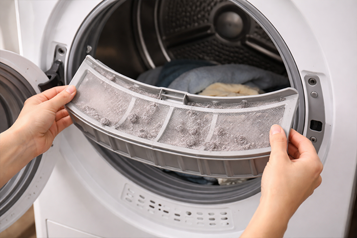 dryer filter removal with lint buildup from washing machine