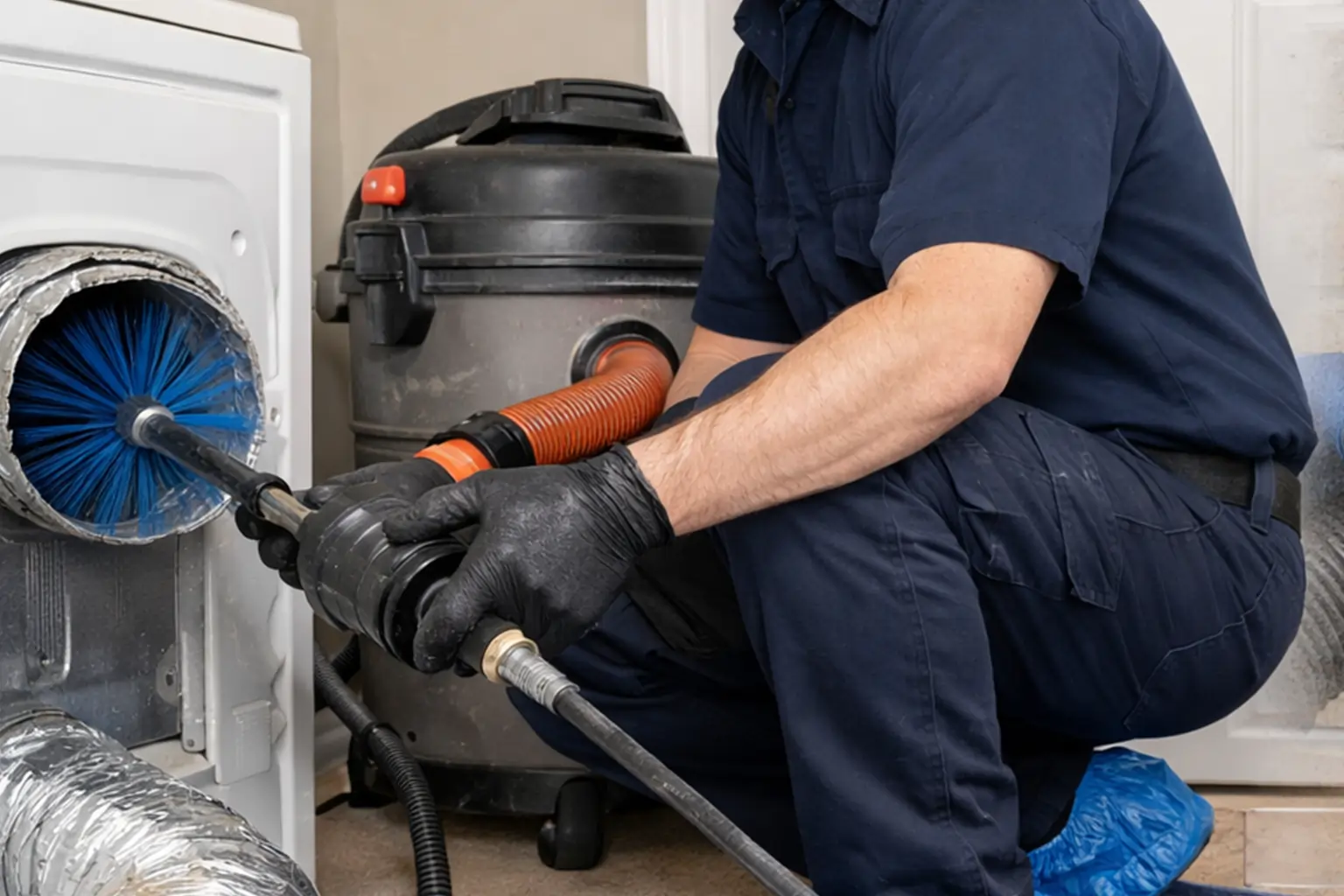 Professional dryer vent unclogging service using rotary brush and vacuum cleaning system