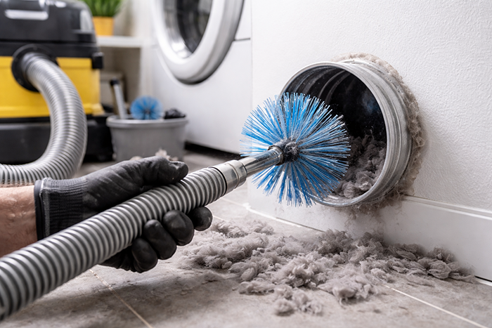 Technician using rotary brush and vacuum to clean lint buildup inside dryer vent duct