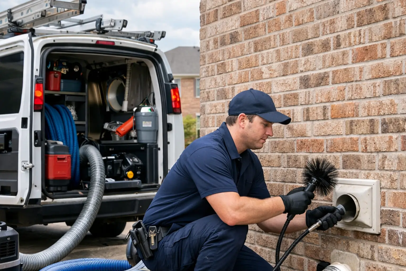 Same day dryer vent cleaning service technician with equipment at home exterior