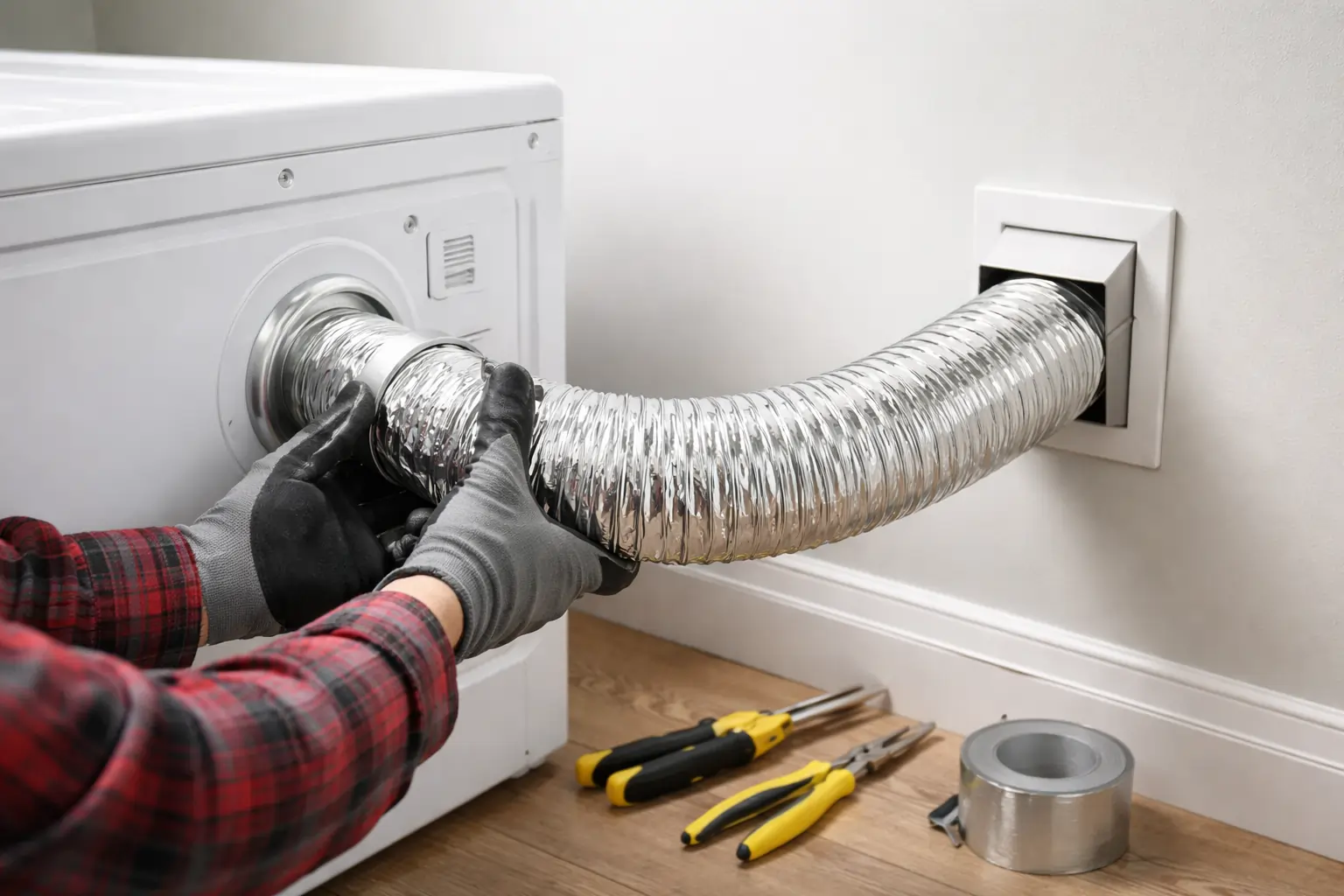 Dryer vent installation connecting aluminum duct to home dryer system