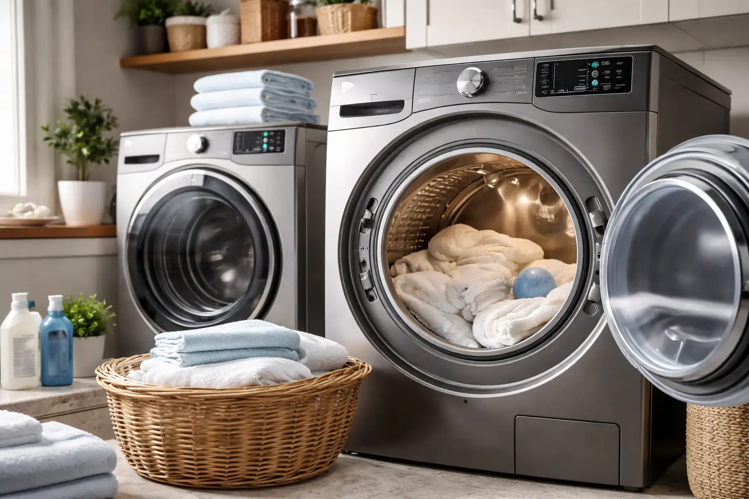 Modern dryer with clean towels showing high efficiency performance